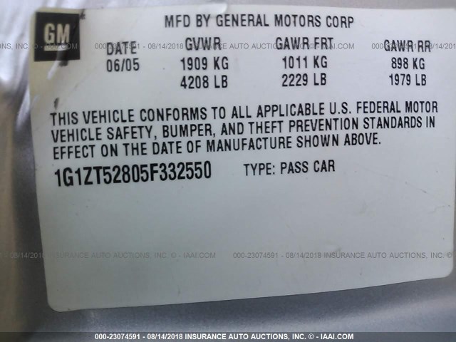 1G1ZT52805F332550 - 2005 CHEVROLET MALIBU LS ნაცრისფერი ფოტო 9