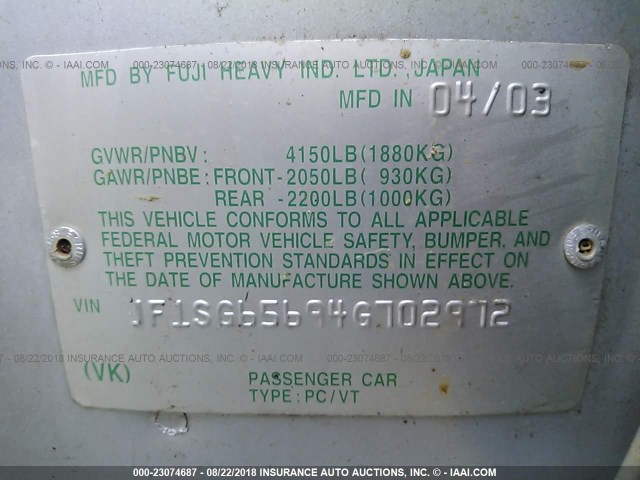 JF1SG65694G702972 - 2004 SUBARU FORESTER 2.5XS ვერცხლისფერი ფოტო 9