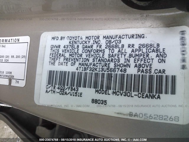 4T1BF32K13U566748 - 2003 TOYOTA CAMRY LE/XLE/SE Gümüş foto 9