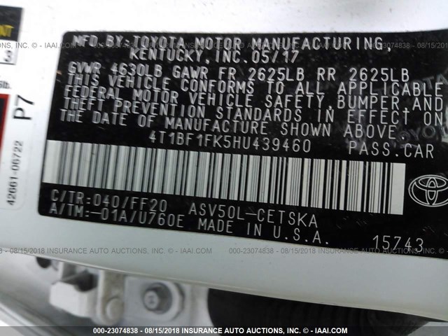 4T1BF1FK5HU439460 - 2017 TOYOTA CAMRY LE/XLE/SE/XSE 白色 照片 9