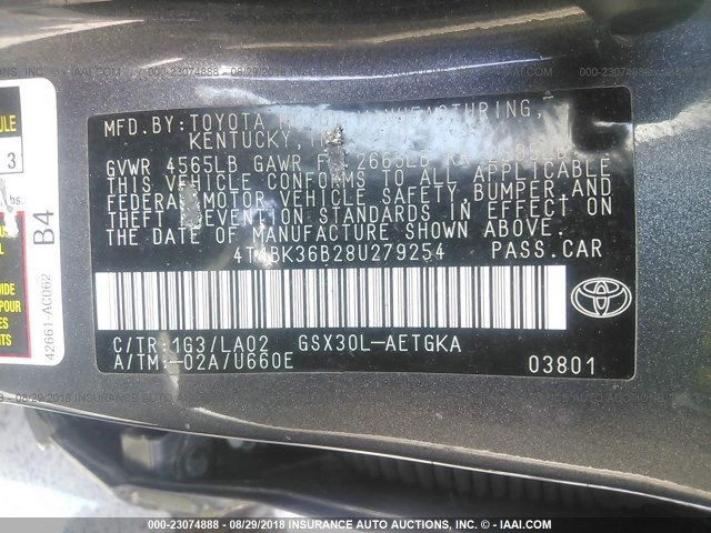 4T1BK36B28U279254 - 2008 TOYOTA AVALON XL/XLS/TOURING/LIMITED GRAY photo 9