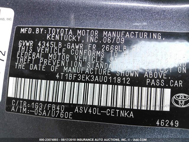 4T1BF3EK3AU011812 - 2010 TOYOTA CAMRY SE/LE/XLE ნაცრისფერი ფოტო 9