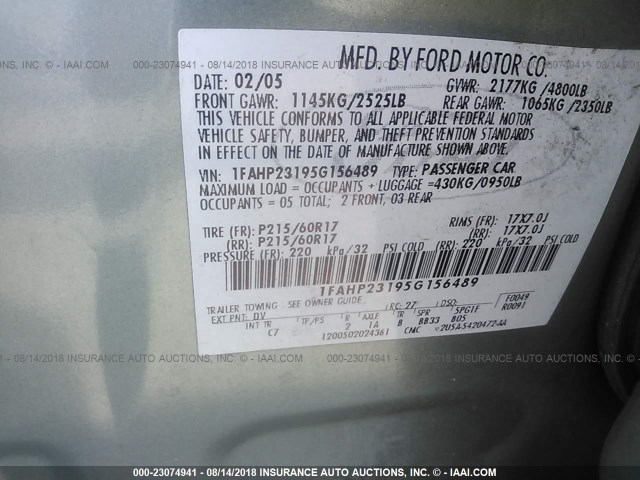 1FAHP23195G156489 - 2005 FORD FIVE HUNDRED SE GRAY photo 9