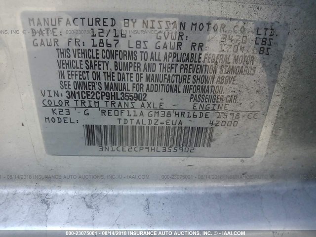 3N1CE2CP9HL355902 - 2017 NISSAN VERSA NOTE S/S PLUS/SV/SL/SR SILVER photo 9