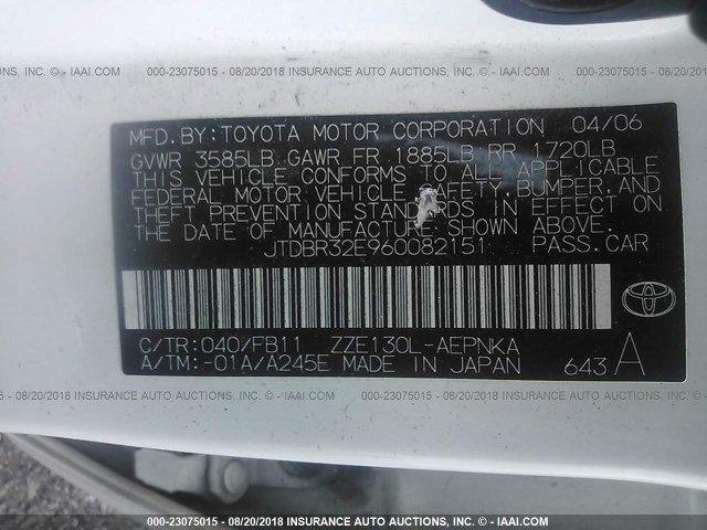 JTDBR32E960082151 - 2006 TOYOTA COROLLA CE/LE WHITE photo 9