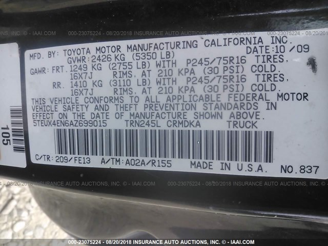5TEUX4EN6AZ699015 - 2010 TOYOTA TACOMA ACCESS CAB Czarny zdjęcie 9