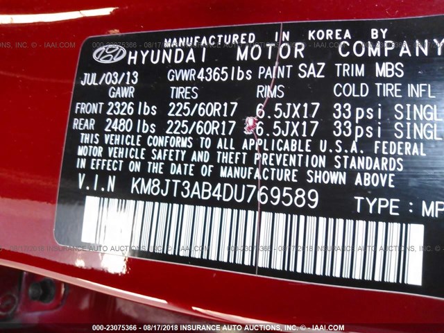 KM8JT3AB4DU769589 - 2013 HYUNDAI TUCSON GL RED photo 9