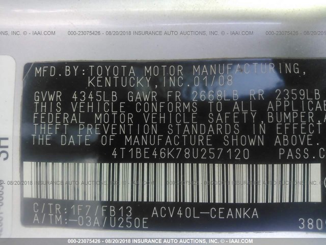 4T1BE46K78U257120 - 2008 TOYOTA CAMRY CE/LE/XLE/SE SILVER photo 9