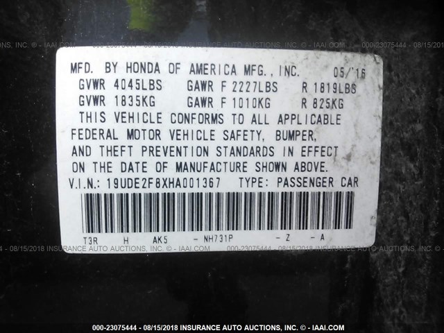 19UDE2F8XHA001367 - 2017 ACURA ILX PREMIUM STYLE/TECH STYLE BLACK photo 9