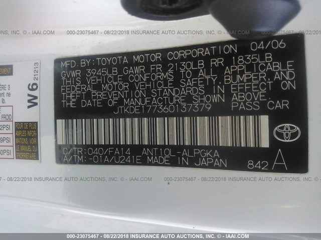 JTKDE177360137379 - 2006 TOYOTA SCION TC 白色 照片 9