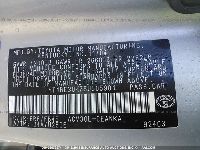 4T1BE30K75U505901 - 2005 TOYOTA CAMRY LE/XLE/SE Boz foto 9
