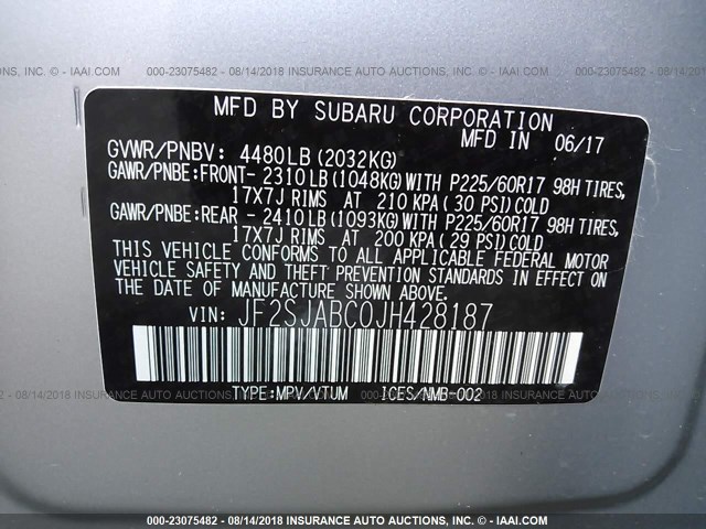 JF2SJABC0JH428187 - 2018 SUBARU FORESTER 2.5I SILVER photo 9