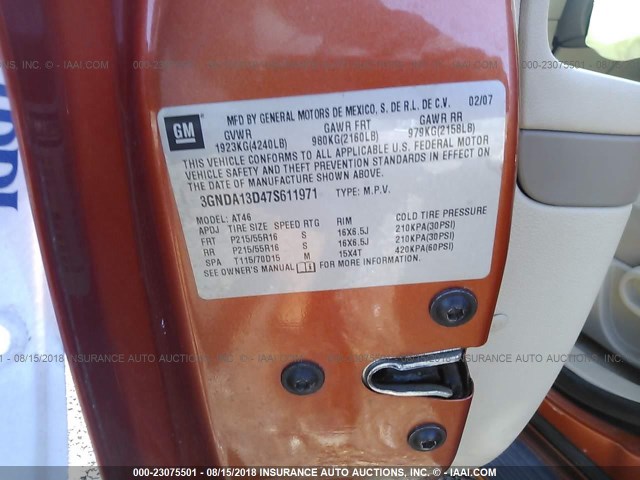 3GNDA13D47S611971 - 2007 CHEVROLET HHR LS ნარინჯისფერი ფოტო 9