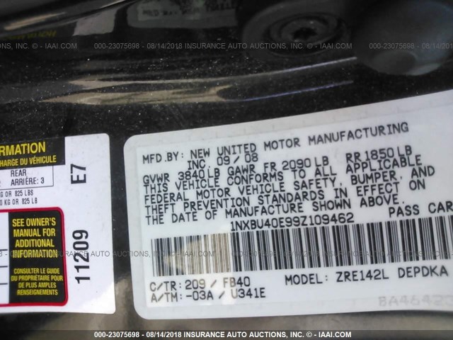 1NXBU40E99Z109462 - 2009 TOYOTA COROLLA S/LE/XLE BLACK photo 9