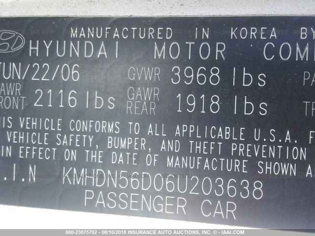 KMHDN56D06U203638 - 2006 HYUNDAI ELANTRA GLS/GT/LIMITED SILVER photo 9