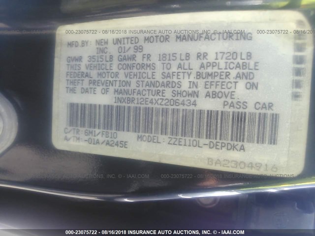 1NXBR12E4XZ206434 - 1999 TOYOTA COROLLA VE/CE/LE GREEN photo 9