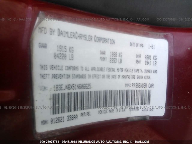 1B3EJ46X51N606625 - 2001 DODGE STRATUS SE MAROON photo 9