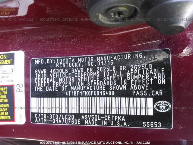 4T1BF1FK6FU916488 - 2015 TOYOTA CAMRY LE/XLE/SE/XSE 红色 照片 9