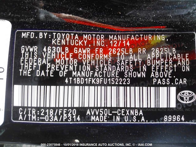 4T1BD1FK9FU152223 - 2015 TOYOTA CAMRY HYBRID/LE/XLE/SE BLACK photo 9