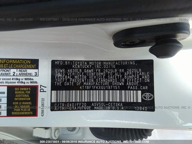 4T1BF1FKXGU197151 - 2016 TOYOTA CAMRY LE/XLE/SE/XSE WHITE photo 9