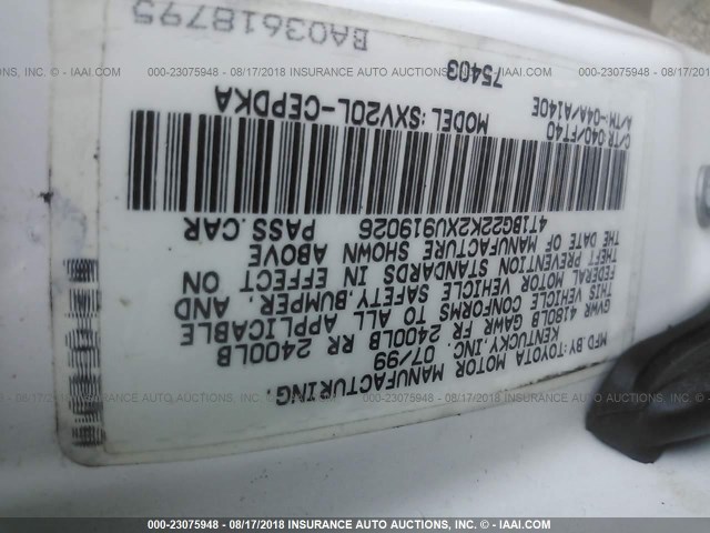 4T1BG22K2XU919026 - 1999 TOYOTA CAMRY CE/LE/XLE 白色 照片 9