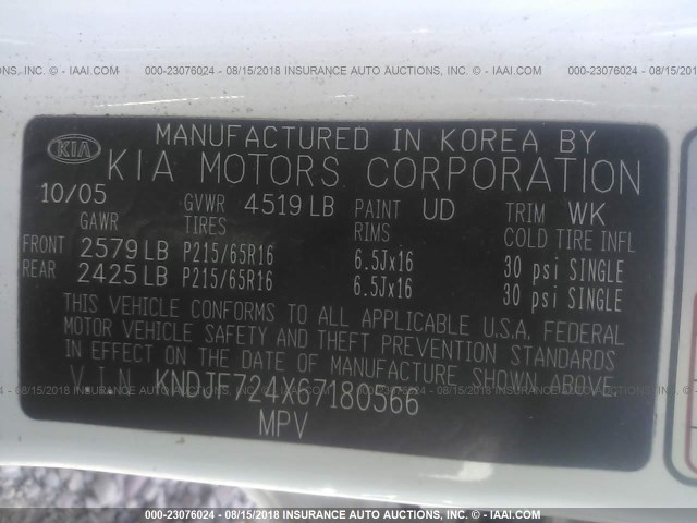 KNDJF724X67180566 - 2006 KIA NEW SPORTAGE  WHITE photo 9