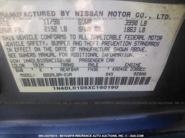 1N4DL01D5XC160190 - 1999 NISSAN ALTIMA XE/GXE/SE/GLE GRAY photo 9