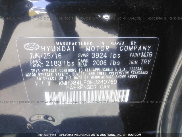 KMHD84LF3HU240760 - 2017 HYUNDAI ELANTRA SE/VALUE/LIMITED BLACK photo 9