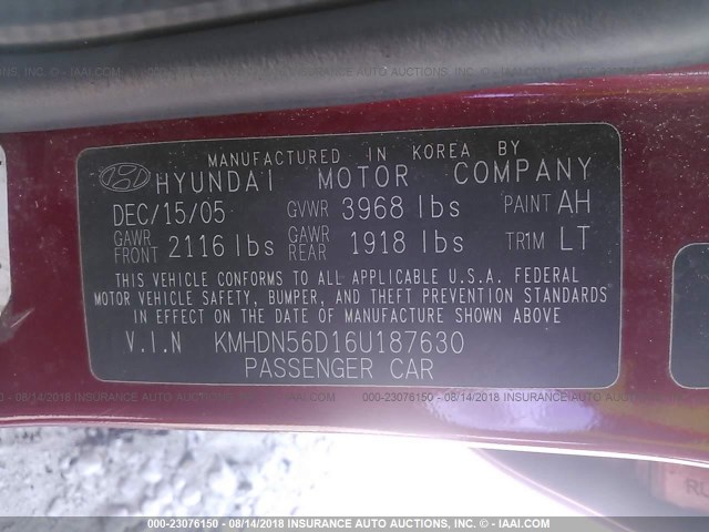 KMHDN56D16U187630 - 2006 HYUNDAI ELANTRA GLS/GT/LIMITED RED photo 9