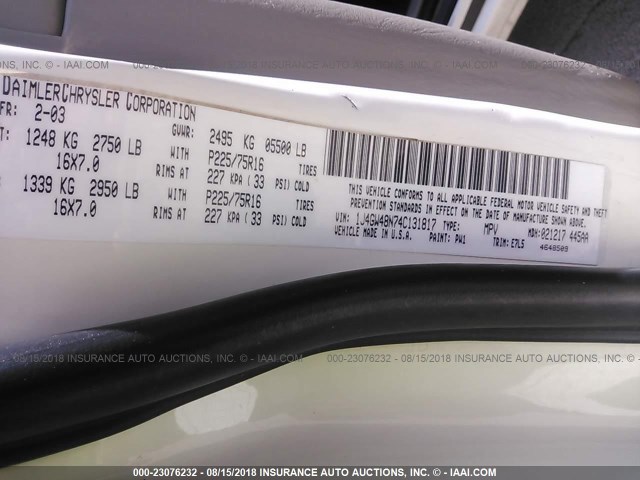 1J4GW48N74C131817 - 2004 JEEP GRAND CHEROKEE LAREDO/COLUMBIA/FREEDOM 白色 照片 9