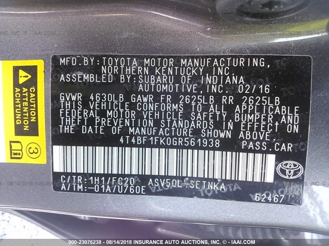 4T4BF1FK0GR561938 - 2016 TOYOTA CAMRY LE/XLE/SE/XSE 灰色 照片 9