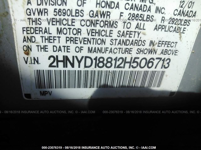 2HNYD18812H506713 - 2002 ACURA MDX TOURING SILVER photo 9