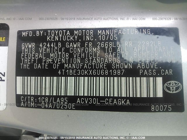 4T1BE30KX6U681987 - 2006 TOYOTA CAMRY LE/XLE/SE Күміс фото 9