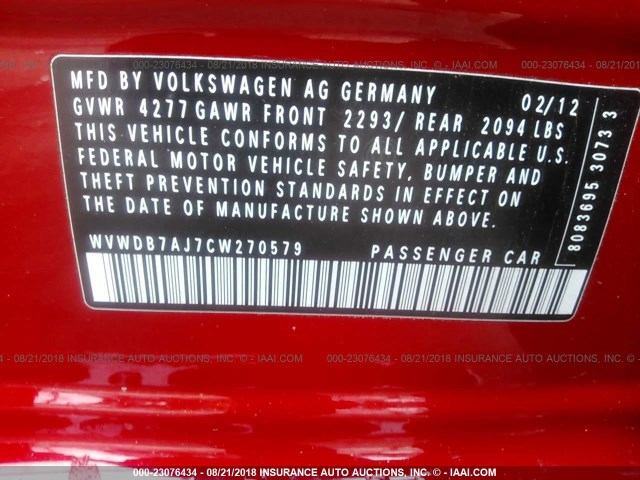 WVWDB7AJ7CW270579 - 2012 VOLKSWAGEN GOLF RED photo 9