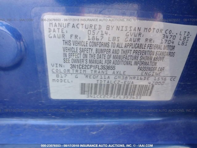 3N1CE2CP1FL353655 - 2015 NISSAN VERSA NOTE S/S PLUS/SV/SL/SR BLUE photo 9