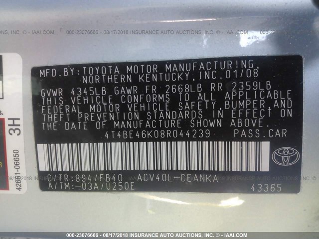 4T4BE46K08R044239 - 2008 TOYOTA CAMRY CE/LE/XLE/SE BLUE photo 9