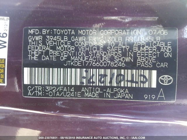 JTKDE177660078246 - 2006 TOYOTA SCION TC 栗色 照片 9