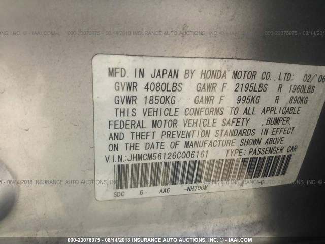 JHMCM56126C006161 - 2006 HONDA ACCORD VALUE SILVER photo 9