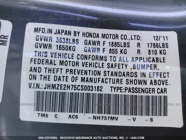 JHMZE2H75CS003182 - 2012 HONDA INSIGHT EX GRAY photo 9