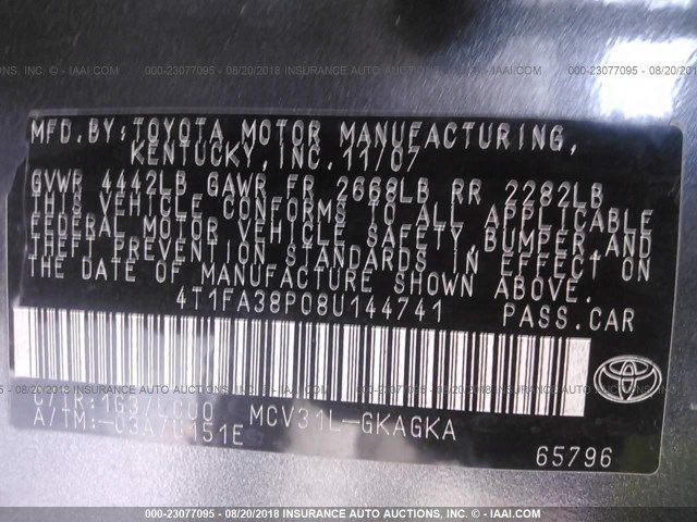 4T1FA38P08U144741 - 2008 TOYOTA CAMRY SOLARA SE/SLE/SPORT GRAY photo 9