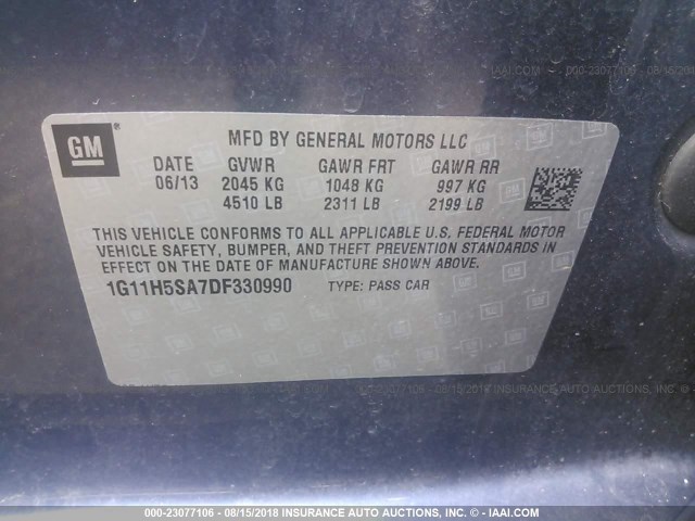 1G11H5SA7DF330990 - 2013 CHEVROLET MALIBU LTZ 蓝色 照片 9