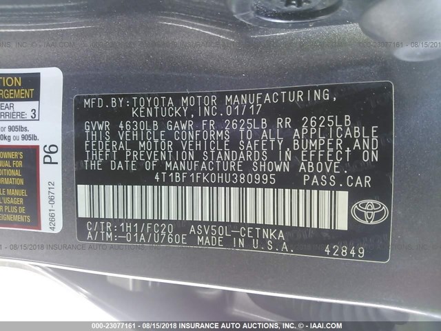 4T1BF1FK0HU380995 - 2017 TOYOTA CAMRY LE/XLE/SE/XSE GRAY photo 9