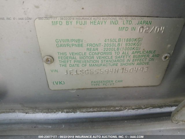 JF1SG65694H760493 - 2004 SUBARU FORESTER 2.5XS ვერცხლისფერი ფოტო 9