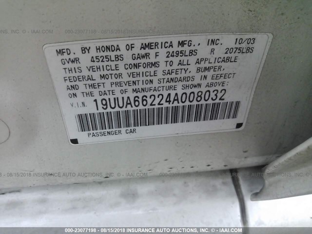 19UUA66224A008032 - 2004 ACURA TL YELLOW photo 9