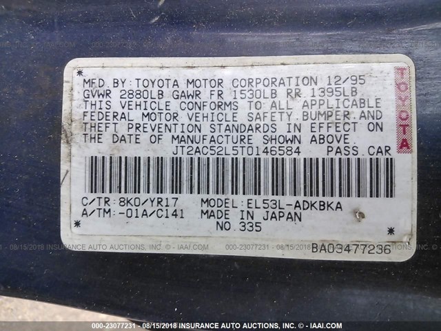JT2AC52L5T0146584 - 1996 TOYOTA TERCEL STD/DX მუქი ლურჯი ფოტო 9