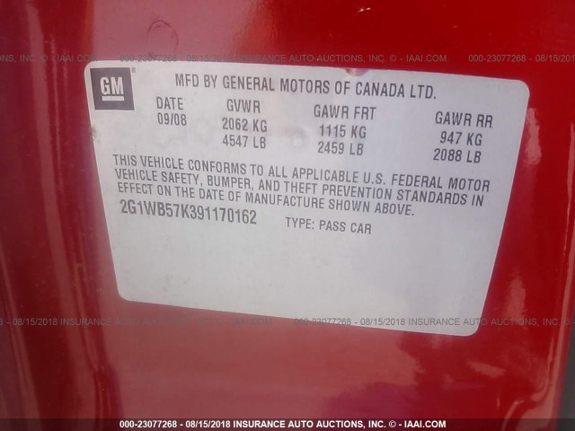 2G1WB57K391170162 - 2009 CHEVROLET IMPALA LS RED photo 9