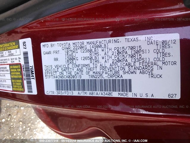 5TFTX4CN6CX020319 - 2012 TOYOTA TACOMA ACCESS CAB RED photo 9