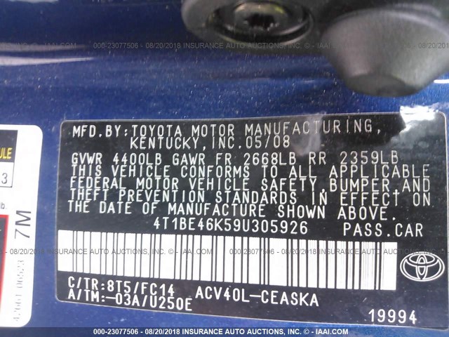 4T1BE46K59U305926 - 2009 TOYOTA CAMRY SE/LE/XLE BLUE photo 9