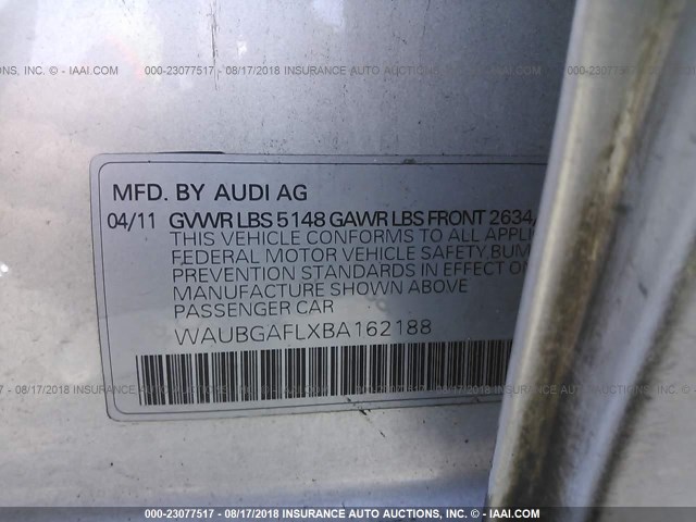 WAUBGAFLXBA162188 - 2011 AUDI S4 PREMIUM PLUS SILVER photo 9