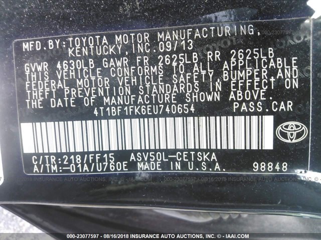 4T1BF1FK6EU740654 - 2014 TOYOTA CAMRY L/SE/LE/XLE Qara foto 9